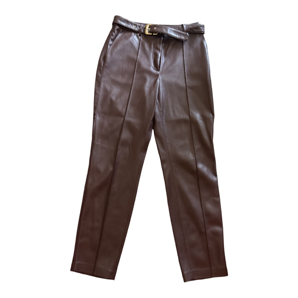 Mango Faux Leather Pants With Belt - Dark Burgundy